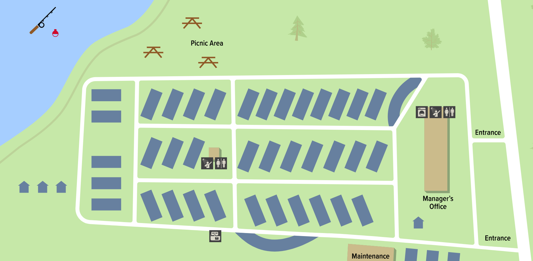 Illustrated park map showing sites, picnic area, pond, manager's office, bathrooms, laundry and two entrances