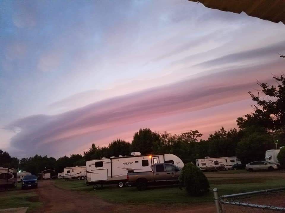 Colorful sky over RVs